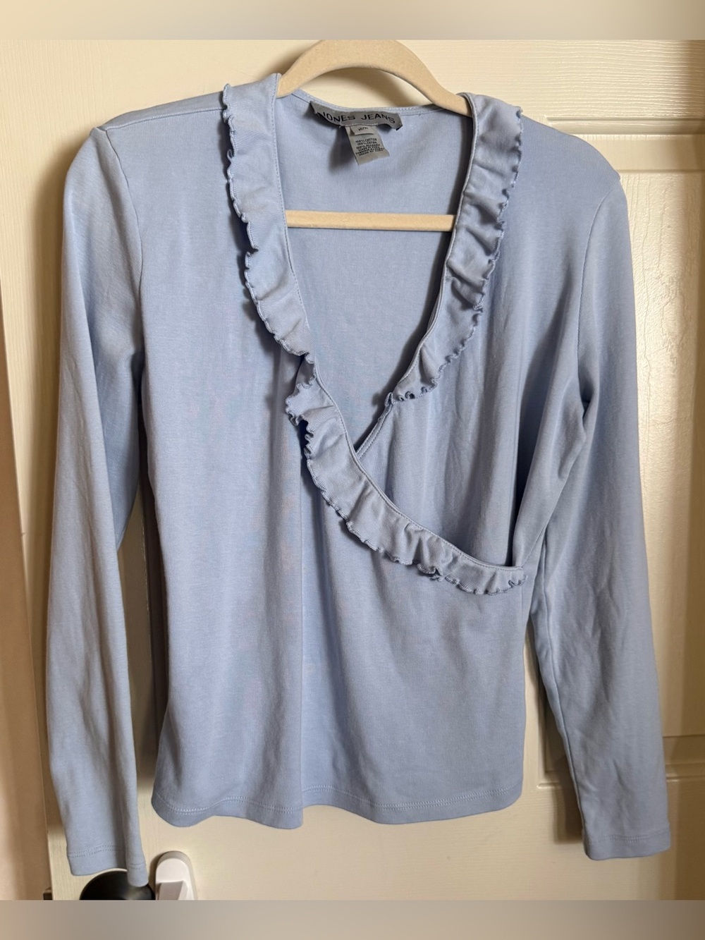 Jones Jeans Light Blue Ruffle-Trim Faux Wrap Long Sleeve Top